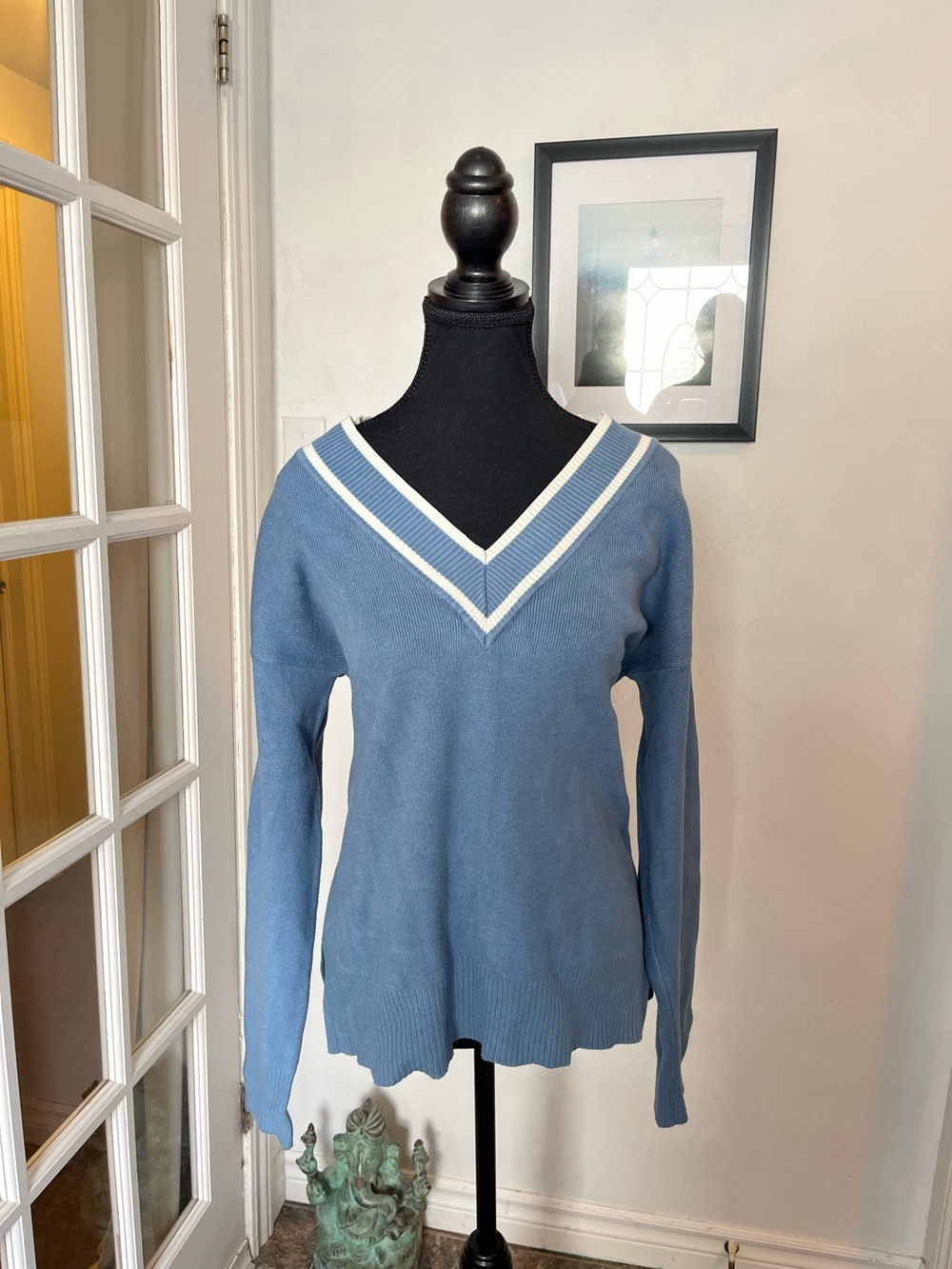 Dynamite V-Neck Sweater. Size Medium. Blue and White.